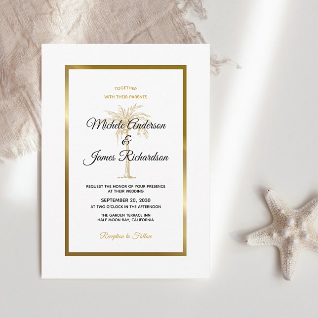 Invitation Tropical White Gold Palm Tree Mariage moderne (Créateur téléchargé)