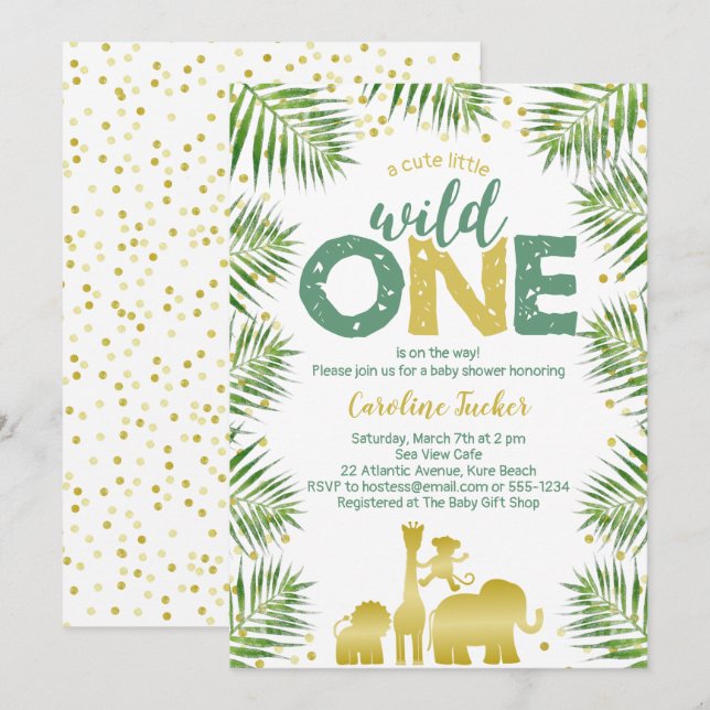 Invitation Tropical Wild One Gold Safari Animaux Baby shower (Devant / Derrière)