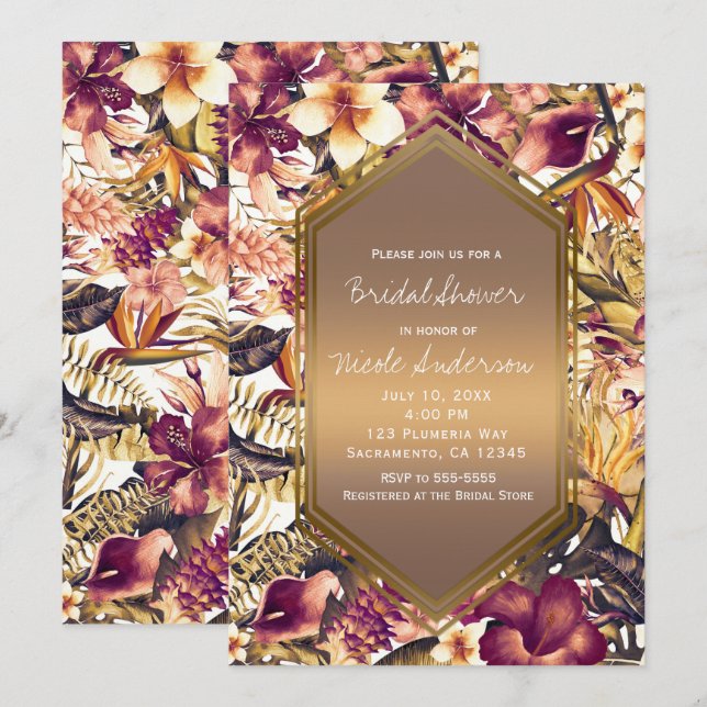 Invitation Tropiques Dorés Hawaïens Élégant Shower de Mariée (Devant / Derrière)