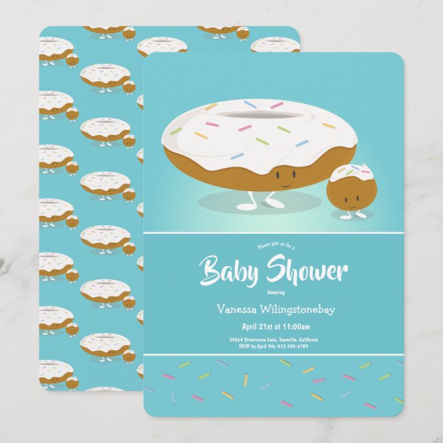 Invitation Trou de Donut arrosé Baby shower bleu mignon (Devant / Derrière)