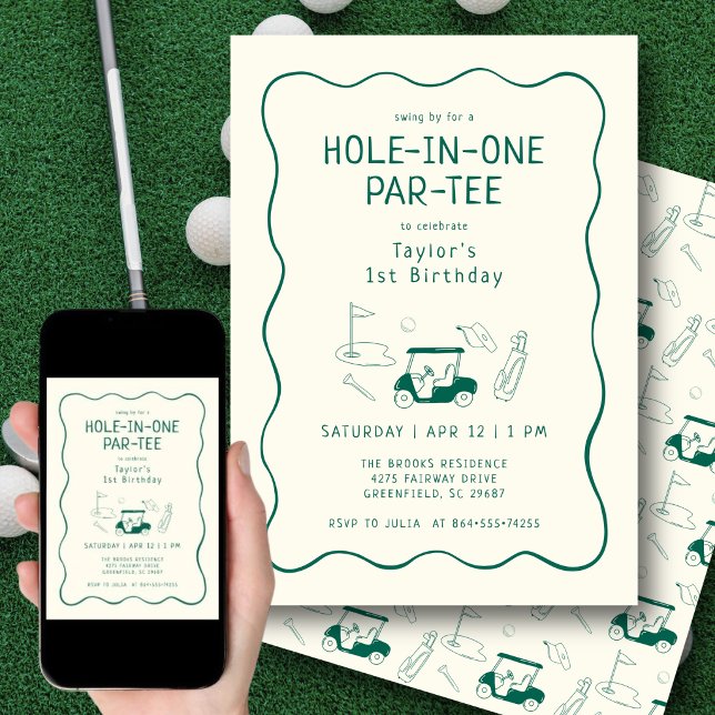 Invitation Trou en Un 1er Anniversaire Par-tee Vert Dessiné à (Hand-drawn golf icons add a playful, artistic touch to this modern first birthday invite.)