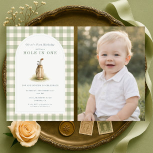 Invitation Trou en un 1re année Gingham Photo Anniversaire