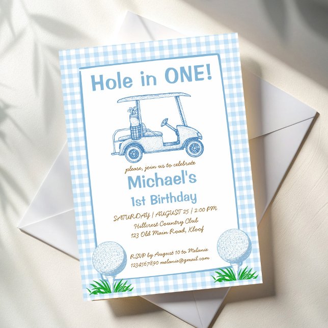 Invitation Trou en un bleu en vichy golf 1er anniversaire (Hole in one pastel blue gingham golf 1st birthday party invitation template sports boys birthday)