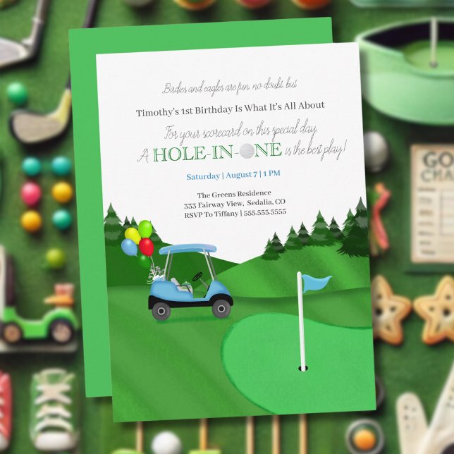 Invitation Trou en un chariot de golf bleu 1er anniversaire  (Créateur téléchargé)