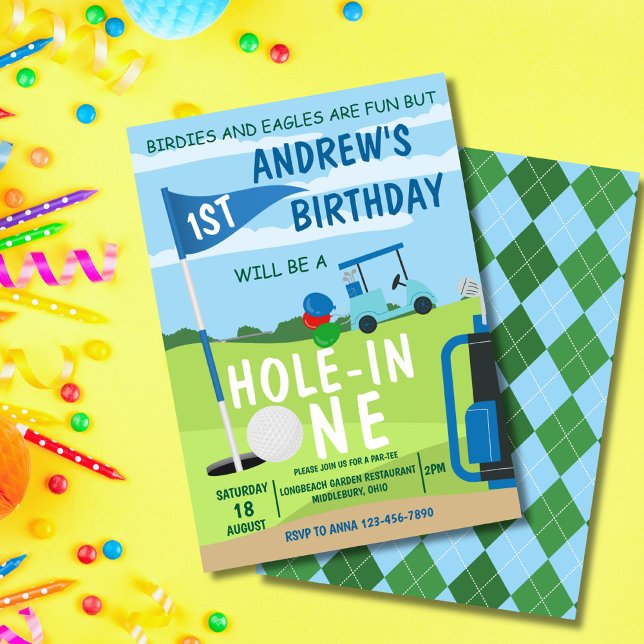 Invitation Trou En Un Garçon Golf 1er Anniversaire Par-Tee (Cute golf theme invite for baby girl's 1st birthday – perfect for a hole in one party!)