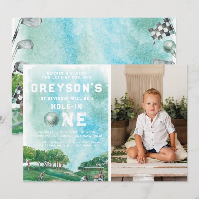 Invitation Trou en Un Golf Boy Premier Anniversaire Par-Tee (Devant / Derrière)