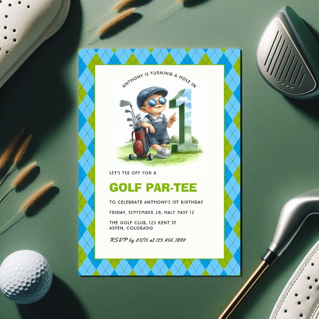 Invitation Trou en un Golf Par-Tee 1er Anniversaire Garçon (Hole in One Golf Par-Tee 1st Birthday Boy Invitation)