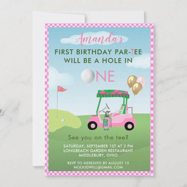Invitation Trou en un Golf Rose fille premier anniversaire (Devant)