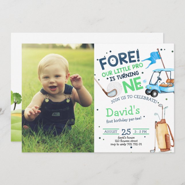 Invitation Trou en Un Par Tee Boy 1er Anniversaire Golf (Devant / Derrière)