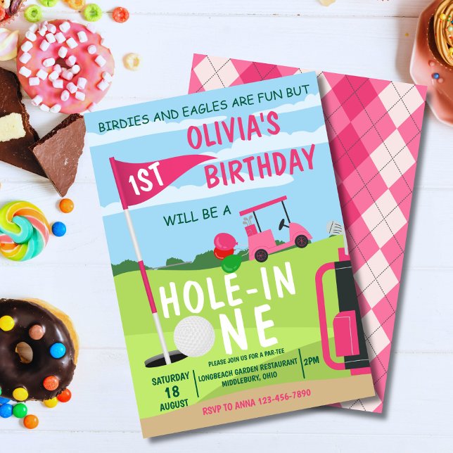 Invitation Trou en une fille de golf 1er anniversaire Par-Tee (Cute golf theme invite for baby boy's 1st birthday – perfect for a hole in one party!)