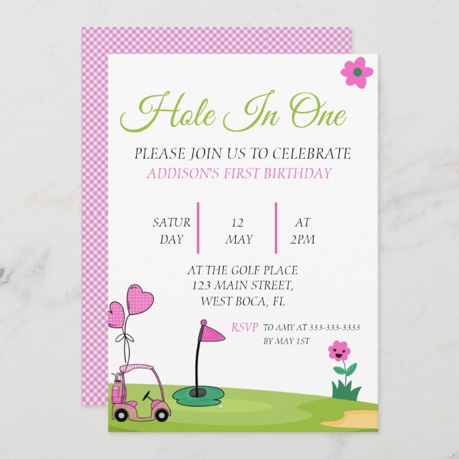 Invitation Trou en une fille rose Golf 1er anniversaire (Devant / Derrière)