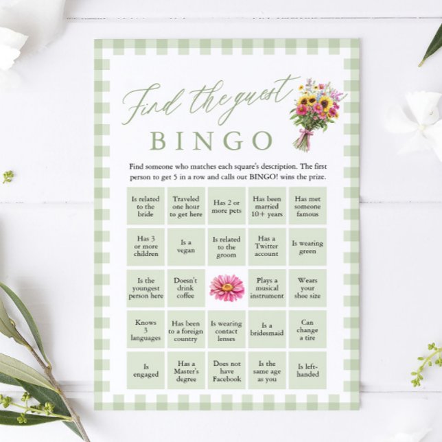 Invitation Trouve la mariée Bingo Jeu de Baby Shower Vert (Green Find the Guest Bingo Bridal Shower Game)