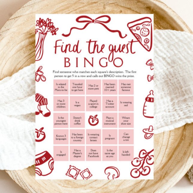 Invitation Trouver le Bingo Invité Dessin à la Main Rouge Bab (Red Hand Drawn Find the Guest Bingo Baby Shower Game)