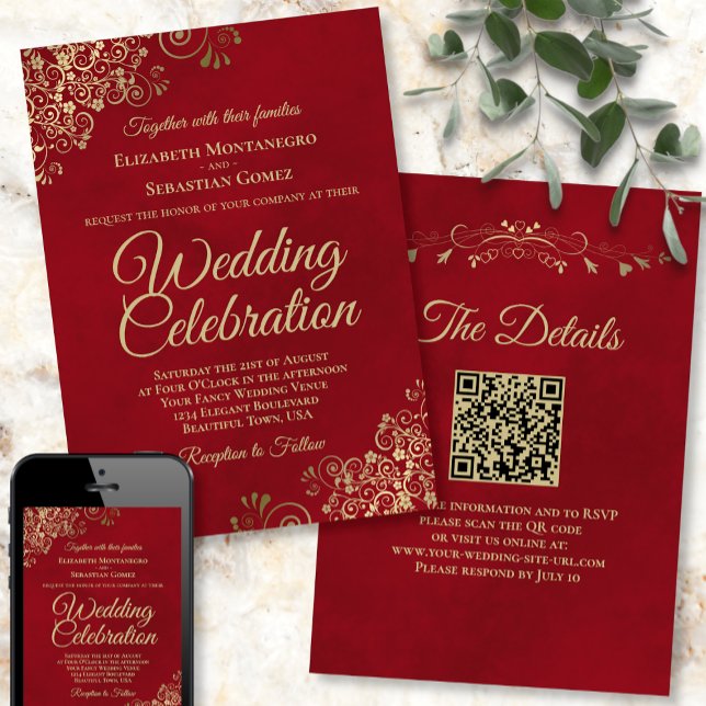 Invitation Trucs d'or sur Crimson Red Elegant QR Code Mariage (Créateur téléchargé)