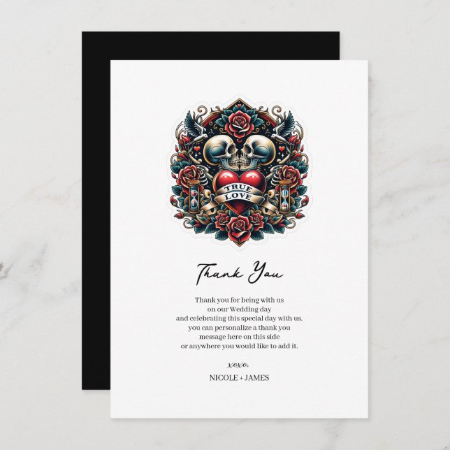Invitation True Love Skeleton Heart Tattoo Mariage Merci (Devant / Derrière)