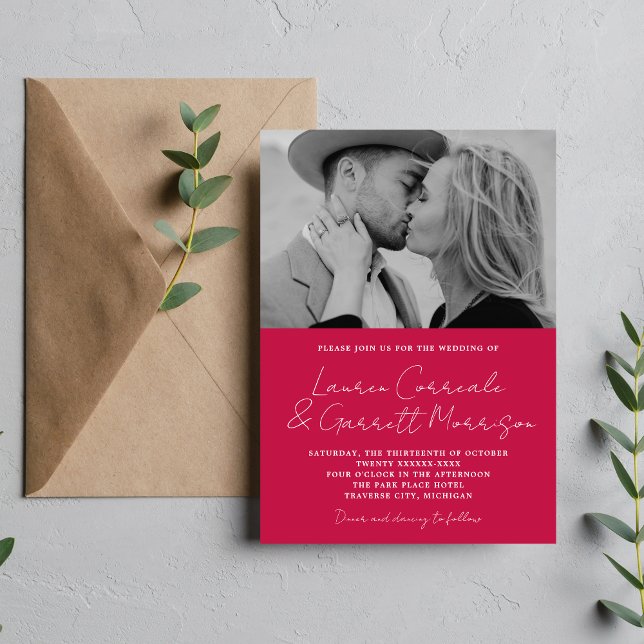 Invitation True Simplicity 3 Modern Raspberry Photo Mariage (Créateur téléchargé)