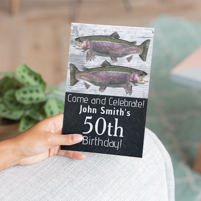 Invitation Truite arc-en-ciel Pêche en plein air Anniversaire (Rainbow trout fishing double-sided birthday invitation.)