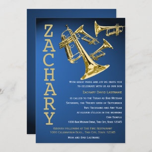 Invitation Trumpet Mania Music Blue Gold Bar Mitzvah