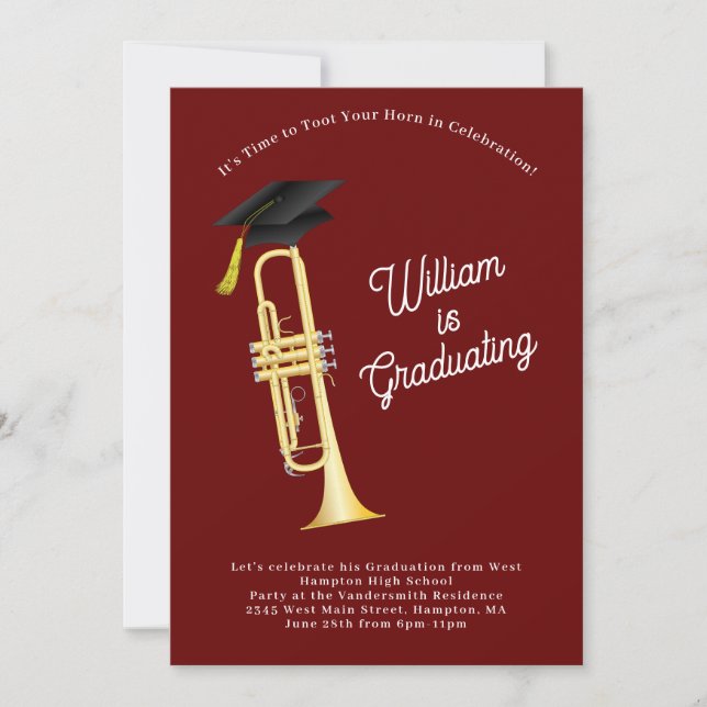 Invitation Trumpet Musician Graduation Party Musique (Devant)