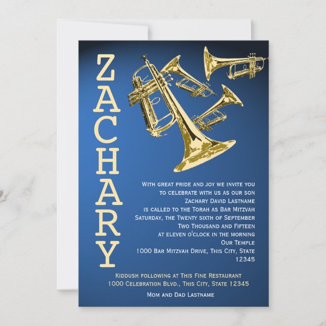 Invitation Trumpets Musique Blue Gold Bar Mitzvah (Devant)