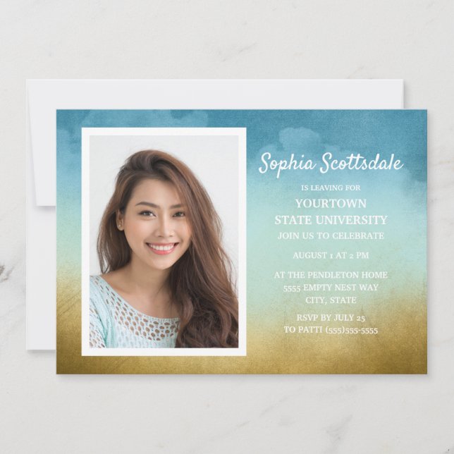 Invitation Trunk Party Dorm Douche Sky Blue Gold Photo Girl (Devant)