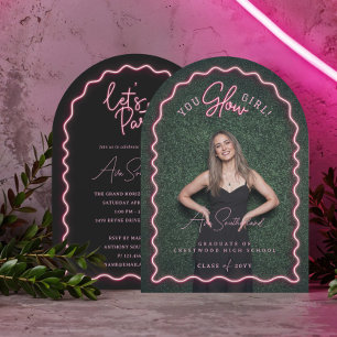 Invitation Tu Glow Girl Wavy Pink Neon Graduation Photo