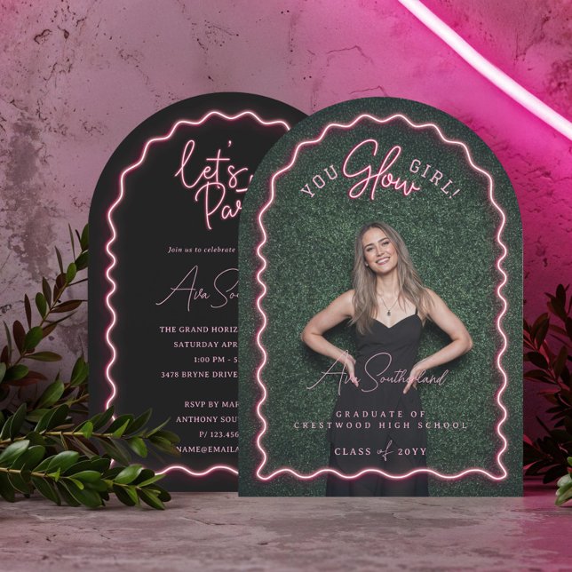 Invitation Tu Glow Girl Wavy Pink Neon Graduation Photo (You Glow Girl Wavy Pink Neon Graduation Photo Invitation)