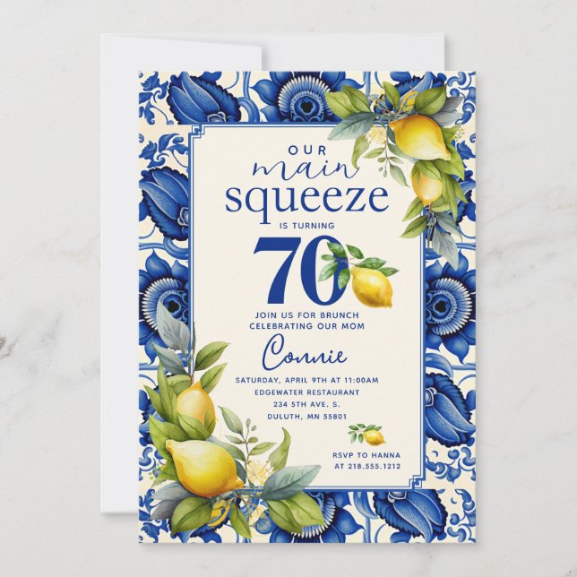 Invitation Tuile Bleue Vintage Citron Jaune 70e Anniversaire (Devant)