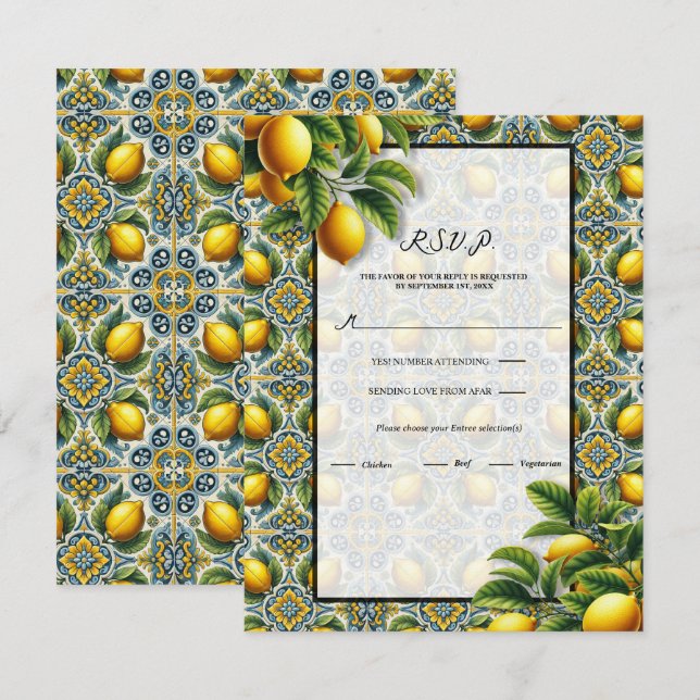 Invitation Tuile Méditerranéenne Jaune Capri Bleu Citron RSVP (Devant / Derrière)