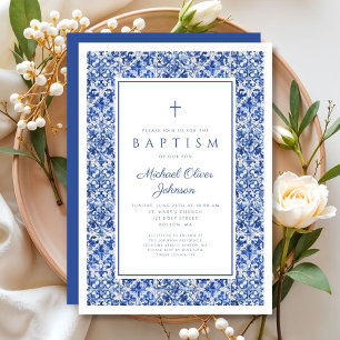 Invitation Tuiles Bleues Élégantes Croix Religieuse Baptême G
