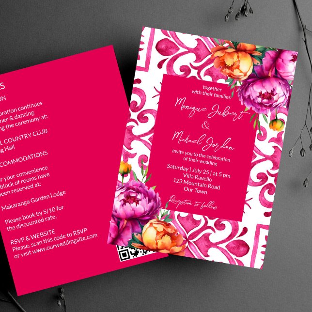 Invitation Tuiles Fuchsia Majolica pivoines orange tout en un (Fuchsia Majolica tiles orange pink peonies all in one template Invitation digital download QR RSVP)