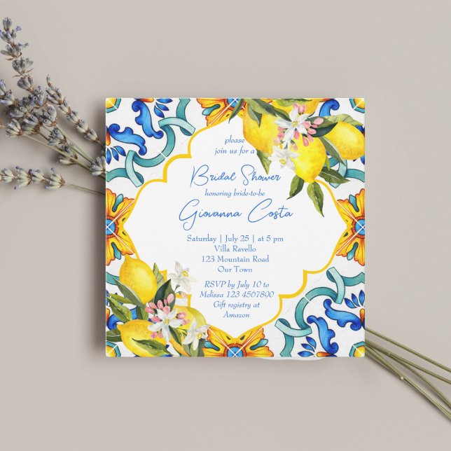 Invitation tuiles méditerranéennes en majolique citrons showe (Mediterranean Majolica blue yellow tiles lemons bridal shower Invitation template instant download)