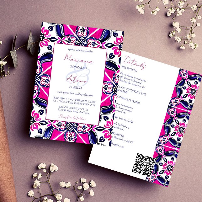 Invitation Tuiles mexicaines rose bleu tout en un modèle mari (Pink blue Mexican Talavera Majolica tile all in one wedding template invitation digital download)