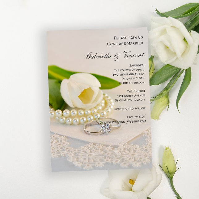 Invitation Tulipe blanche, perles et anneaux Mariage (Créateur téléchargé)