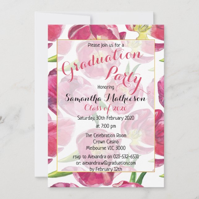 Invitation Tulipe rose Motif Floral Graduation (Devant)