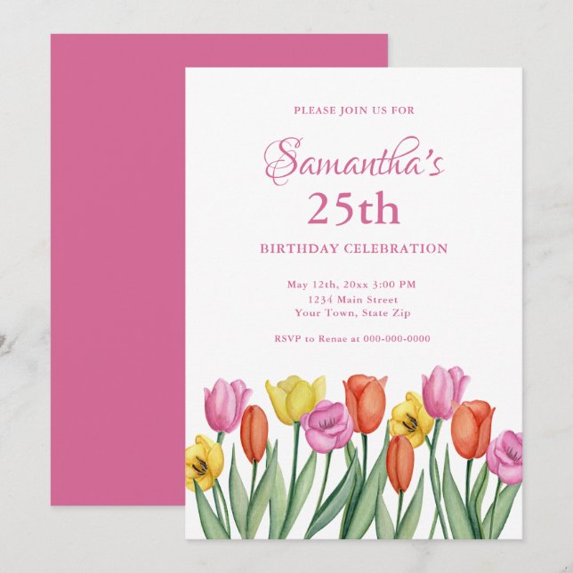 Invitation Tulipes Aquarelle 25e Anniversaire  (Devant / Derrière)