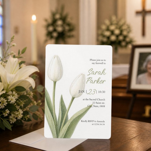 Invitation Tulipes Aquarelle Blanche Enterrement (Créateur téléchargé)