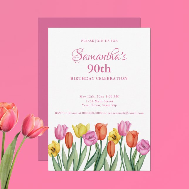 Invitation Tulipes Aquarelle Fête d'anniversaire 90 ans (Créateur téléchargé)