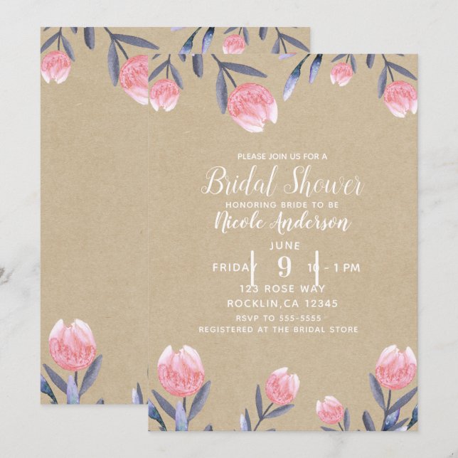 Invitation Tulipes aquarelles de Peach Spring Mariage (Devant / Derrière)