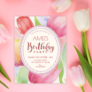 Invitation Tulipes aquarelles fleurissent anniversaire