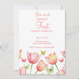 Invitation Tulipes aquarelles rose poudré pour 1er anniversai