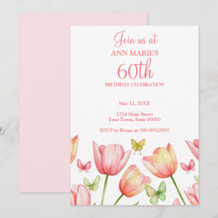Invitation Tulipes aquarelles rose poudré pour 70e anniversai