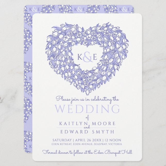 Invitation tulipes blanches bleues tirant le coeur mariage (Devant / Derrière)