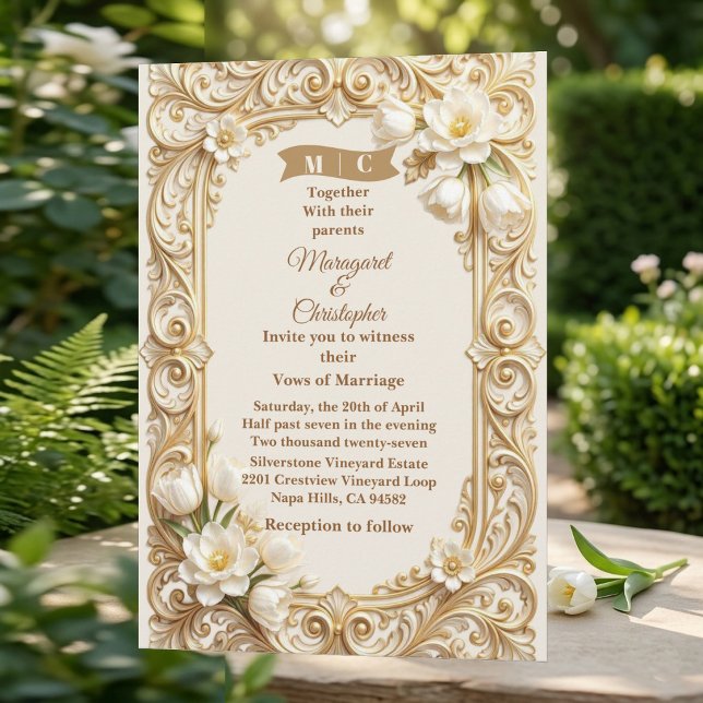 Invitation Tulipes blanches de luxe Baroque Florales Or Maria (Luxury White Tulips Baroque Gold Florals Wedding Invitation)