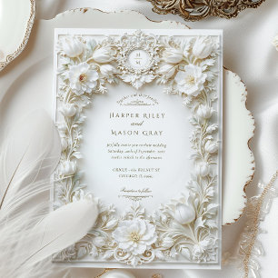 Invitation Tulipes blanches élégantes faux embossées