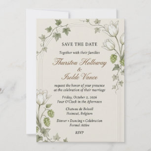Invitation Tulipes blanches, houblon, feuilles de lierre, cad