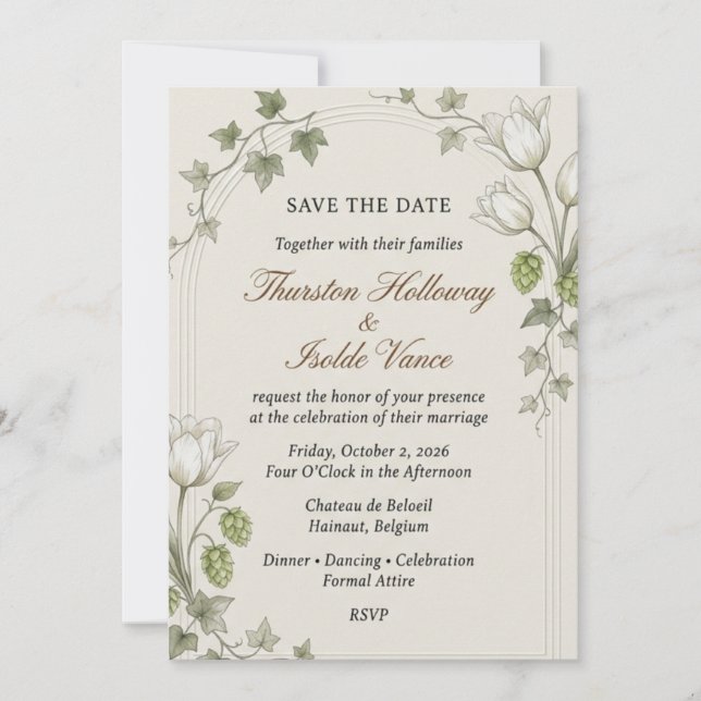 Invitation Tulipes blanches, houblon, feuilles de lierre, cad (Devant)