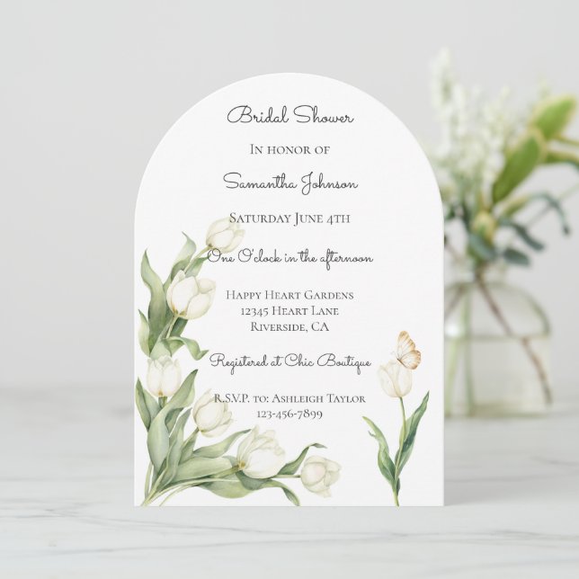 Invitation Tulipes blanches Papillon Enterrement de vie de je (Debout devant)