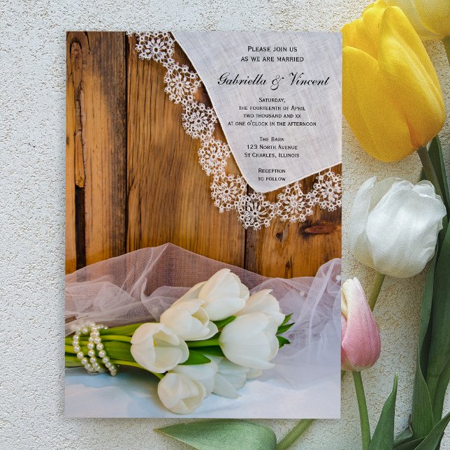 Invitation Tulipes blanches rustiques Mariage de la grange (Créateur téléchargé)