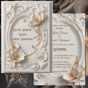 Invitation Tulipes blanches vintage or baroque à décor de rin